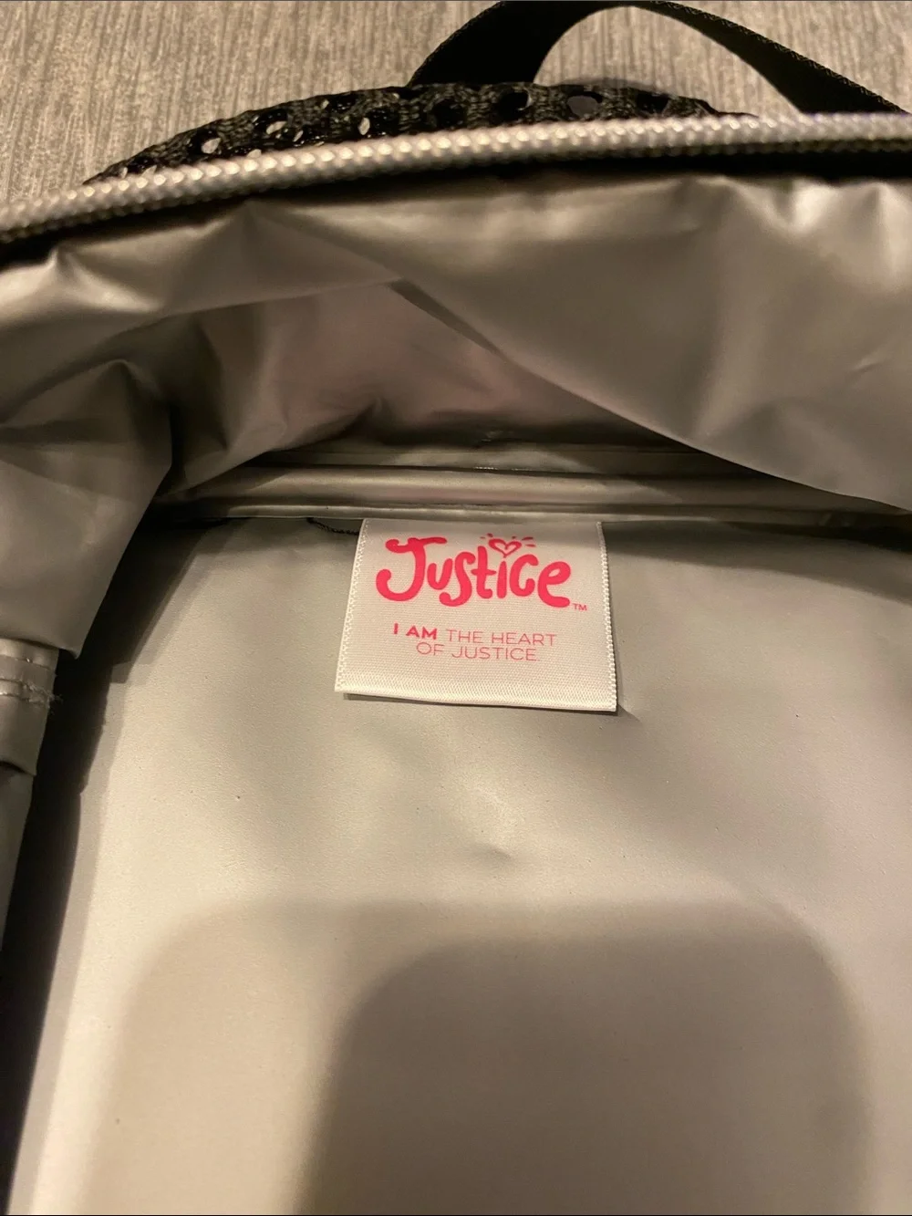 Justice Flip Sequin Lunchbox Tote w/ Crossbody Strap Black Silver & Purple NWOT